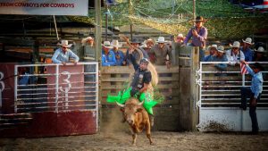 Action-packed bull riding scene at a vibrant rodeo with cheering spectators.